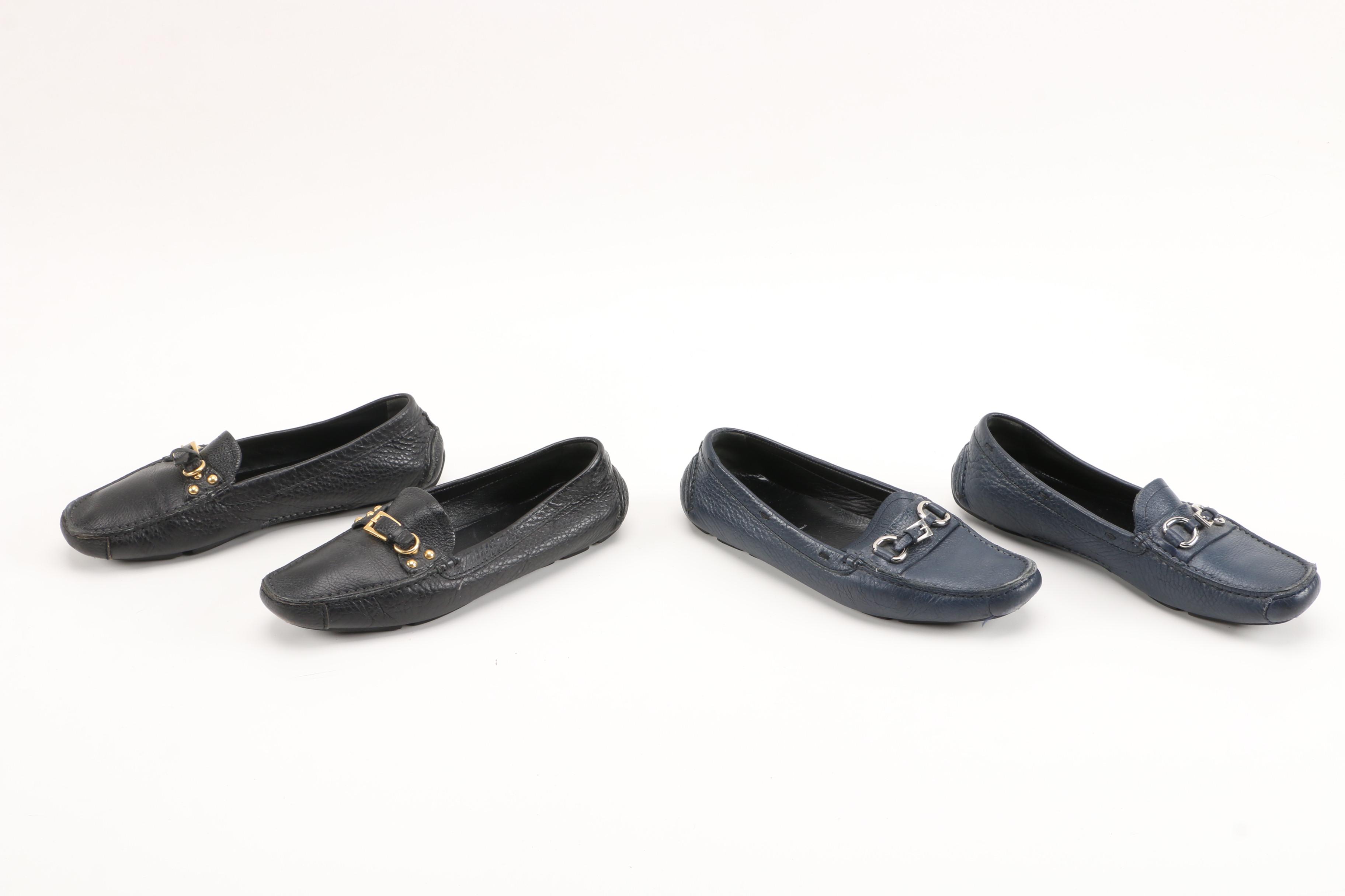 Prada Driving Loafers in Black and Navy Textured Daino Leather