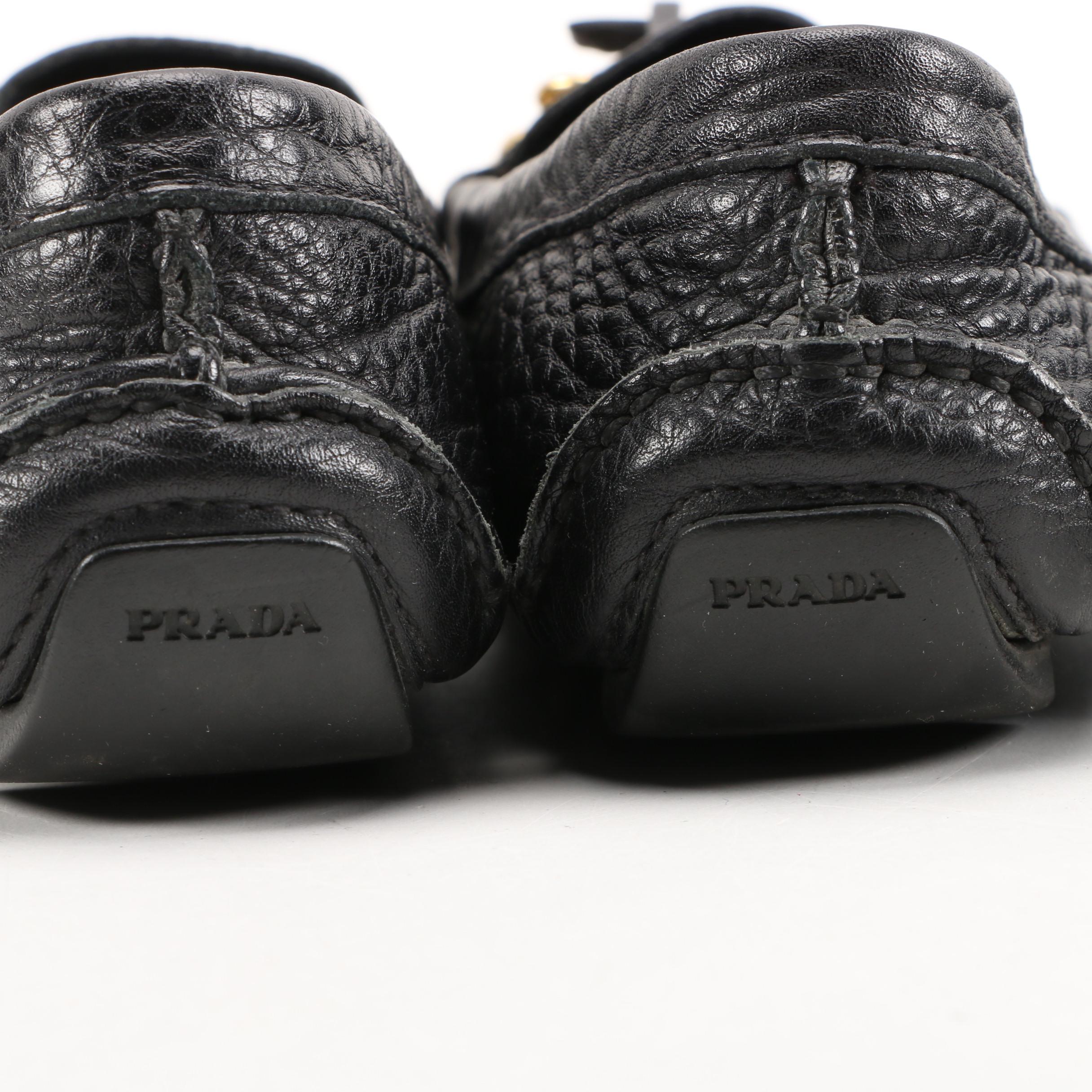 Prada Driving Loafers in Black and Navy Textured Daino Leather