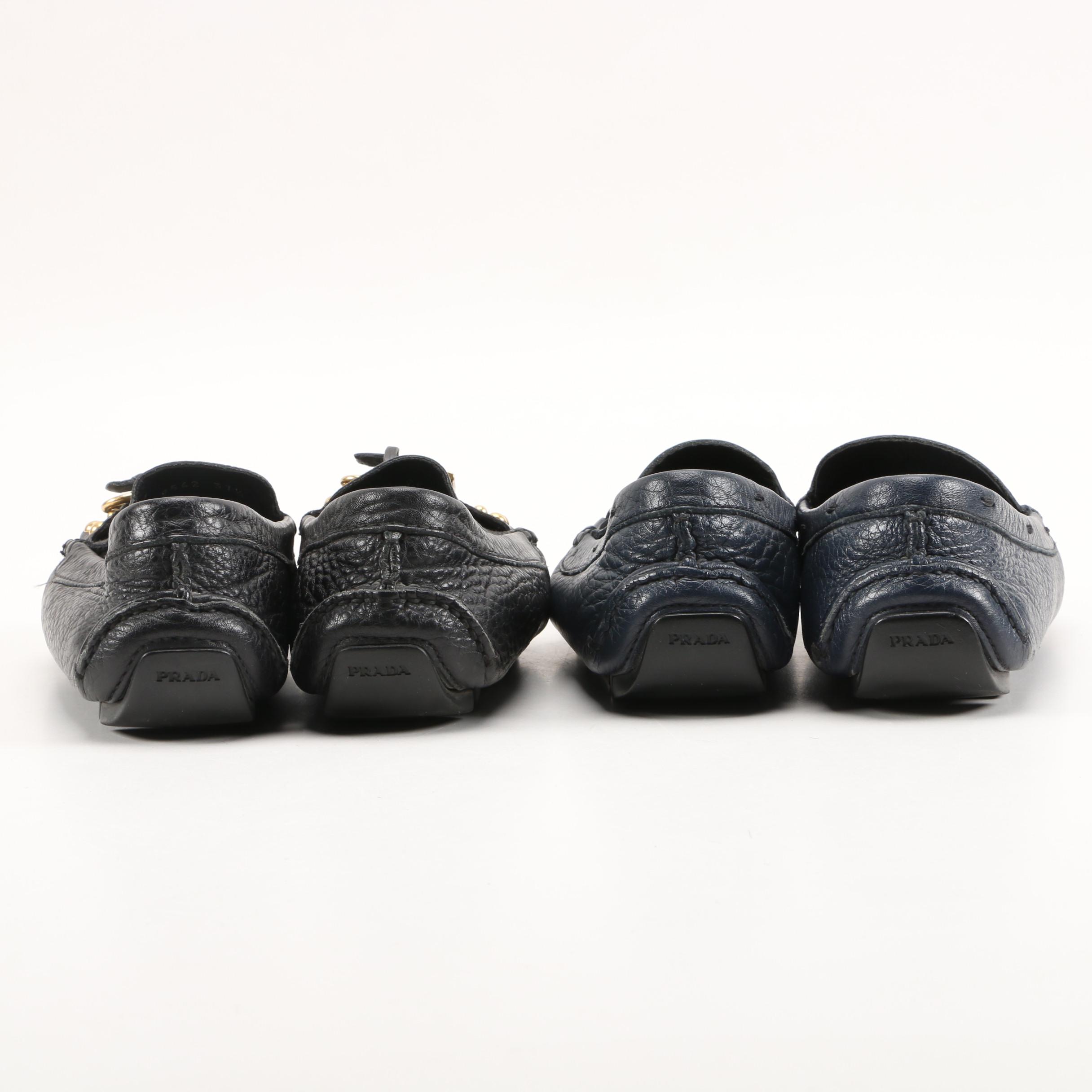 Prada Driving Loafers in Black and Navy Textured Daino Leather