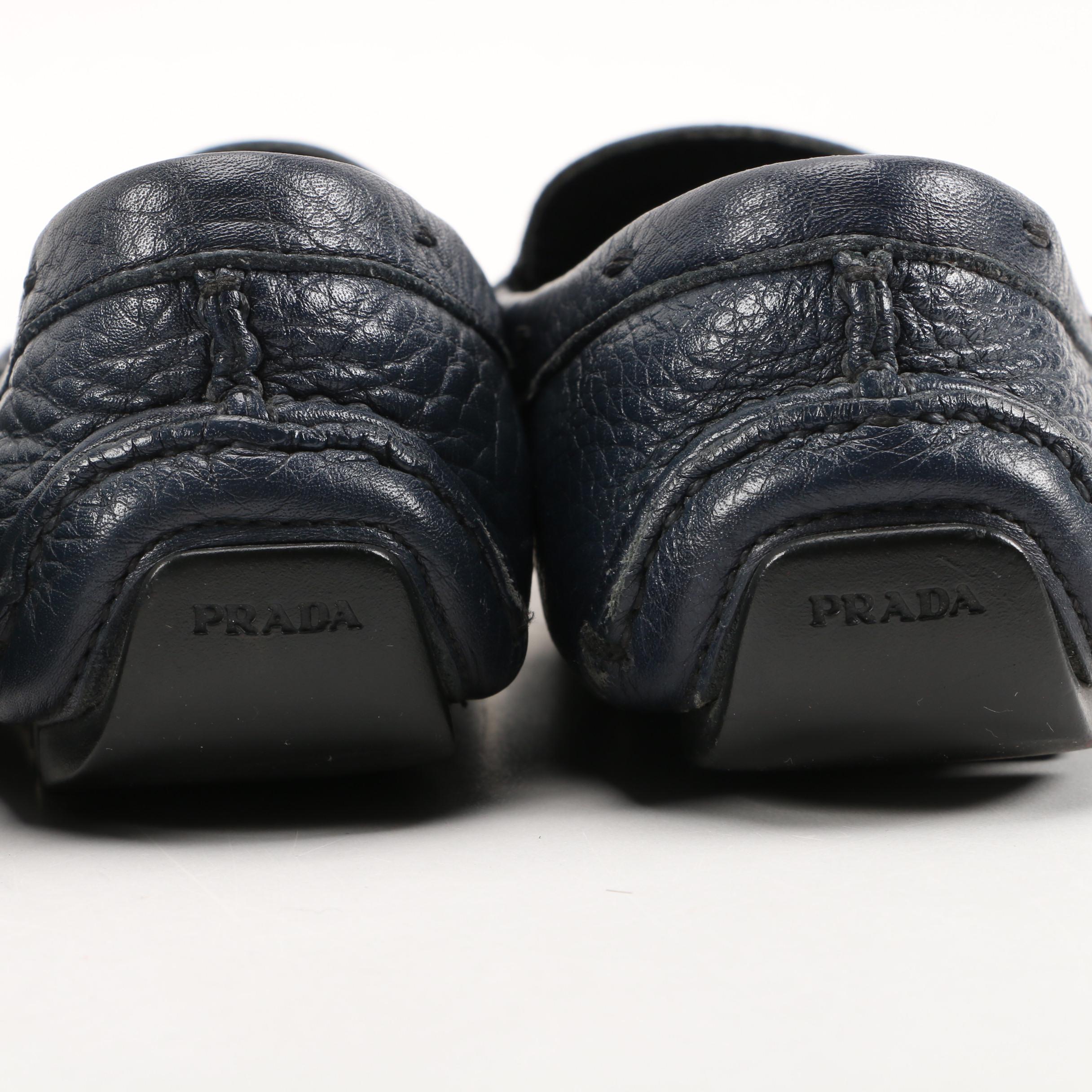 Prada Driving Loafers in Black and Navy Textured Daino Leather