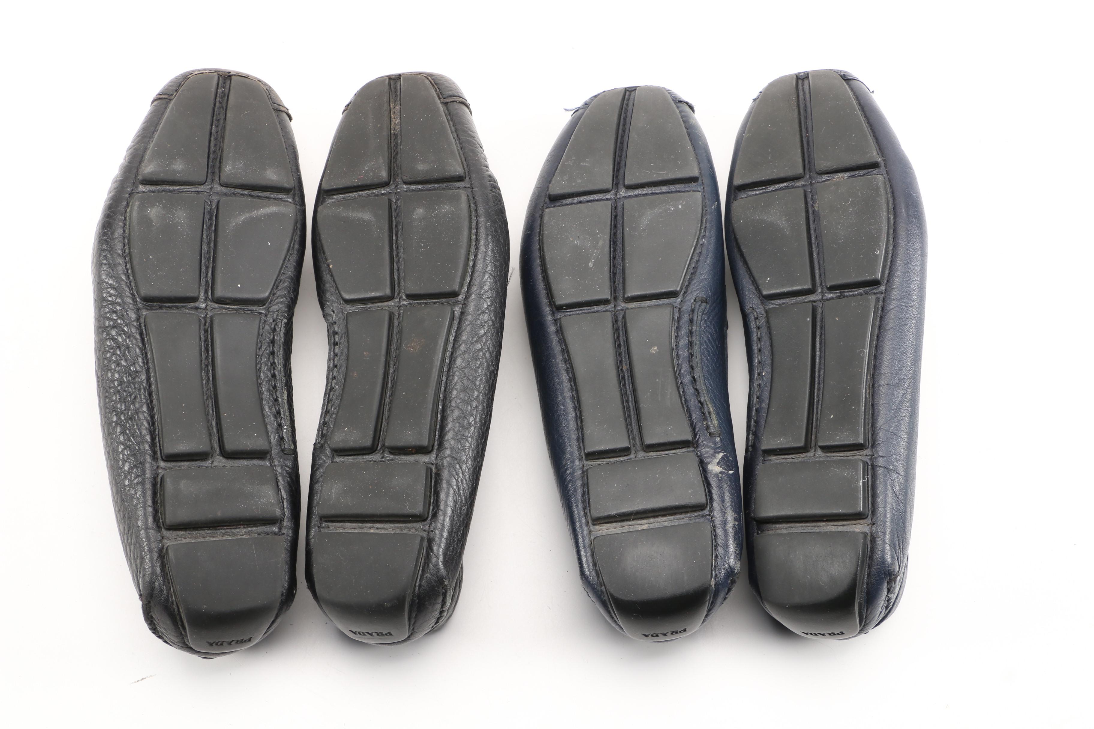 Prada Driving Loafers in Black and Navy Textured Daino Leather