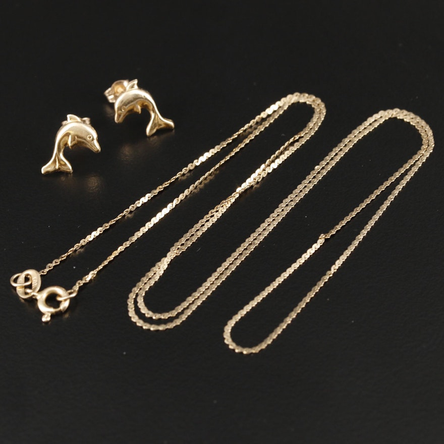 14K Yellow Gold Serpentine Link Chain with Dolphin Earrings