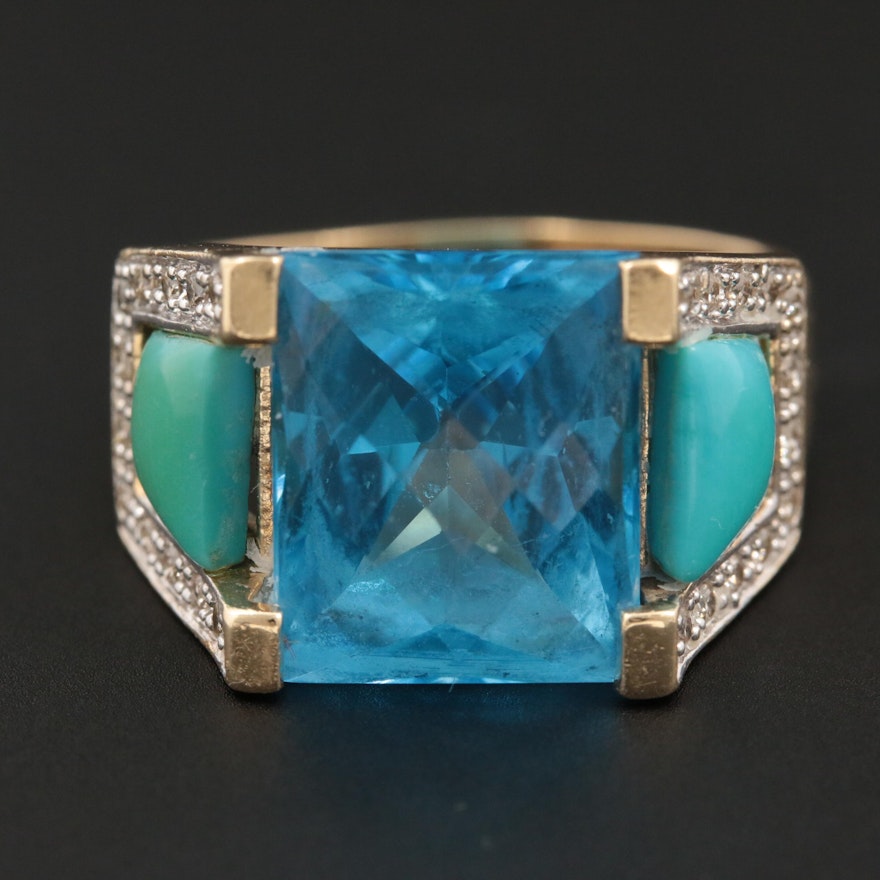 14K Yellow Gold Topaz, Turquoise and Diamond Ring