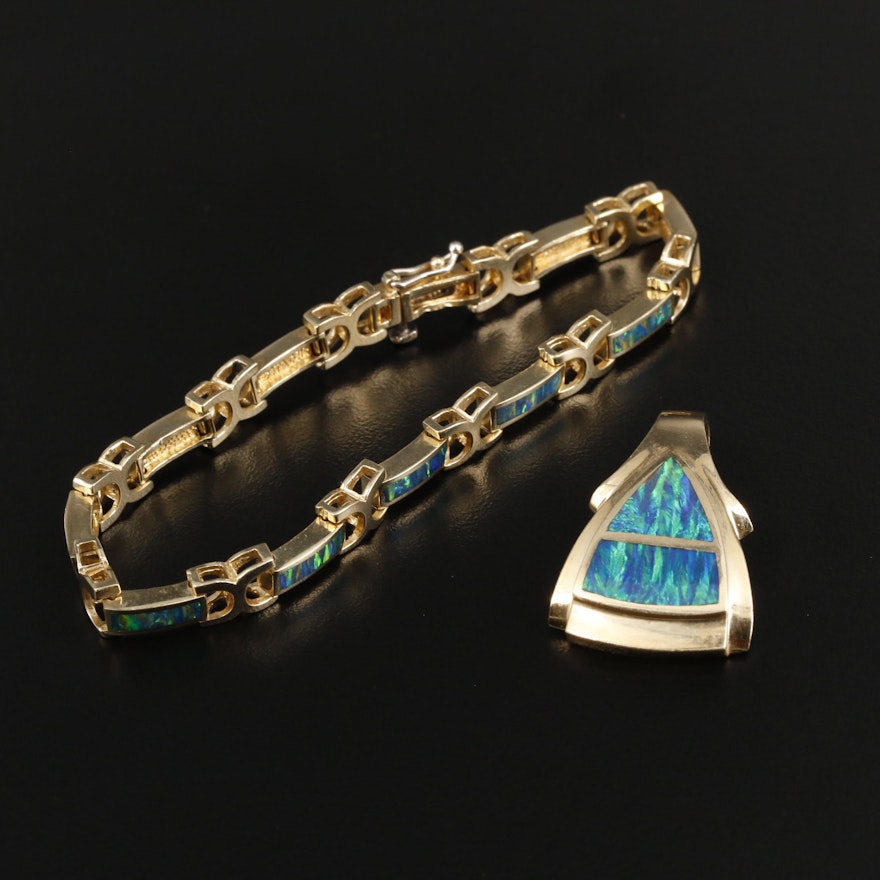 14K Yellow Gold Opal Inlay Bracelet and Pendant Set