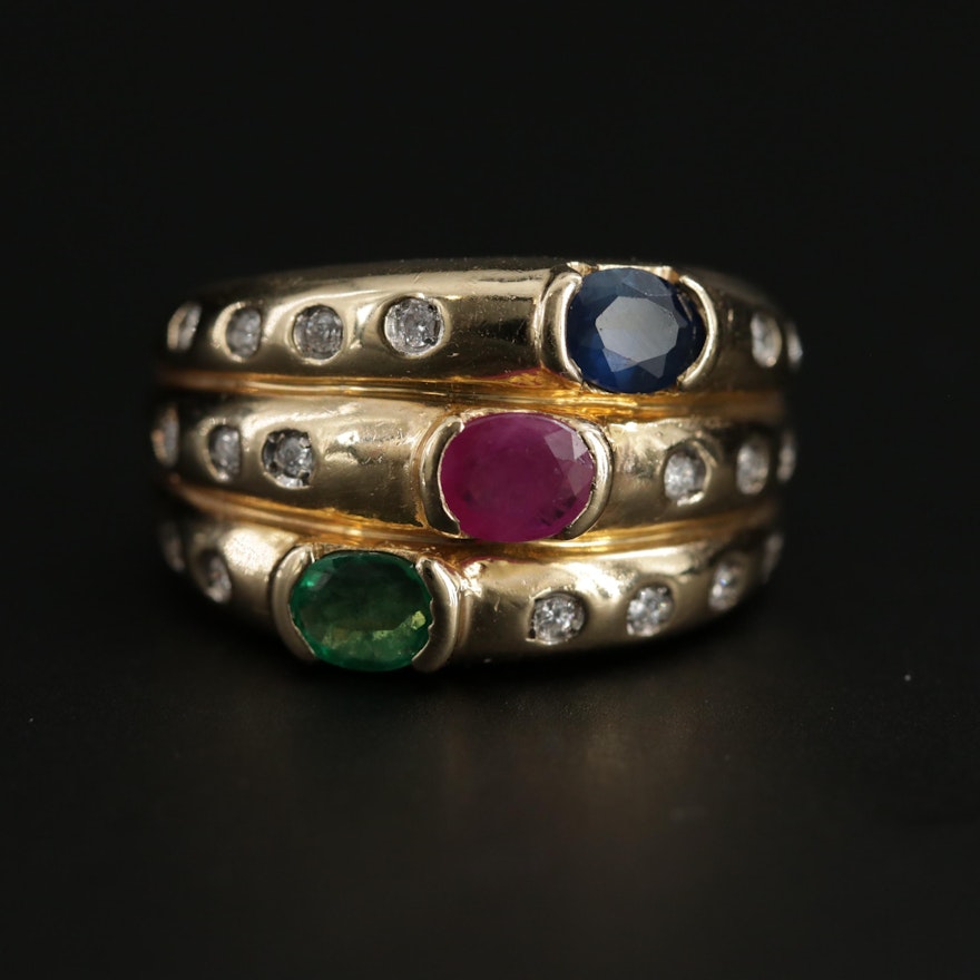 Vintage 14K Yellow Gold Emerald, Ruby, Sapphire and Diamond Ring