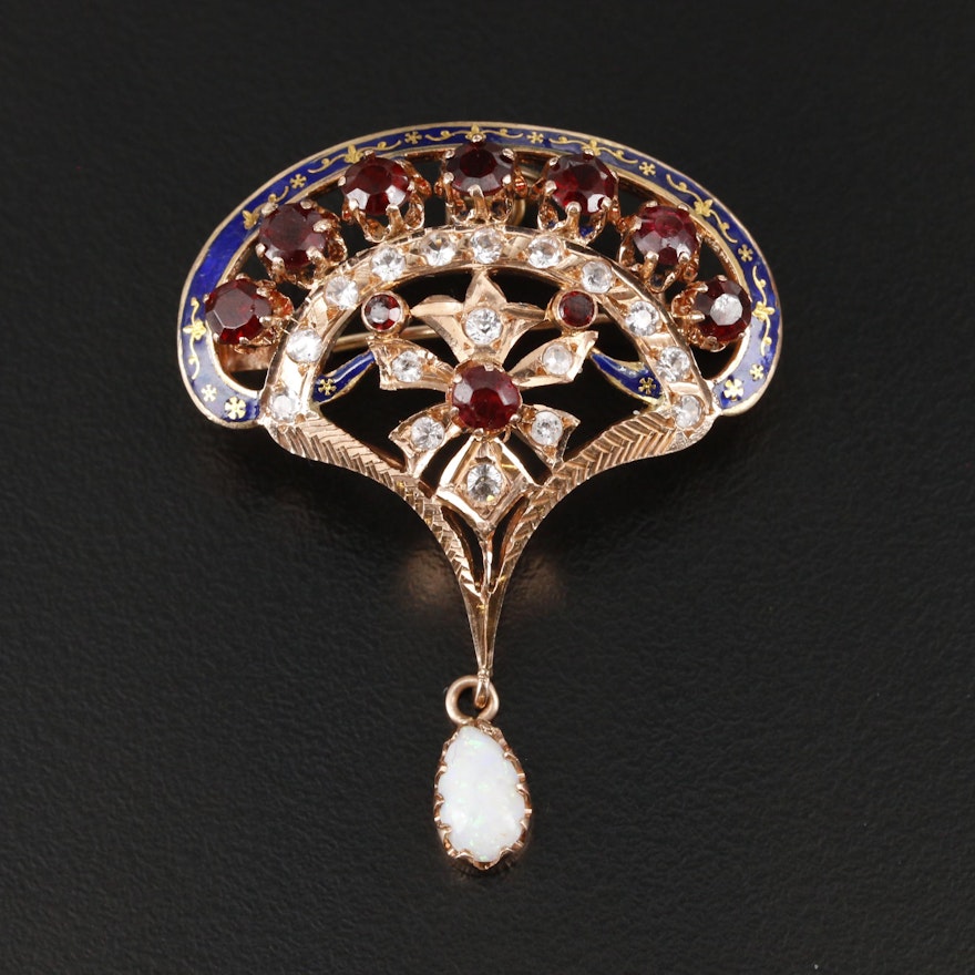 Victorian Style 14K Rose Gold Opal, Garnet, Spinel and Enamel Converter Brooch