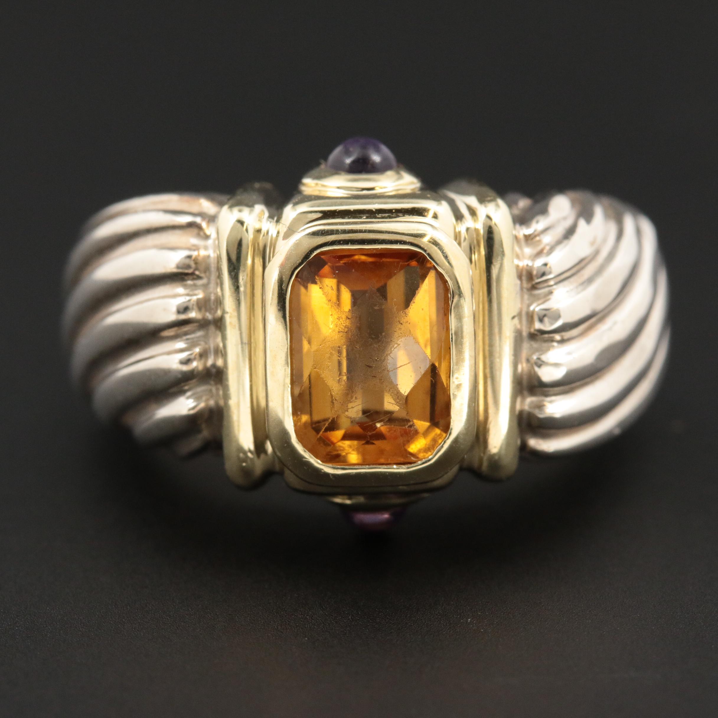 David Yurman Sterling and 14K Gold Citrine and Amethyst Renaissance Ring