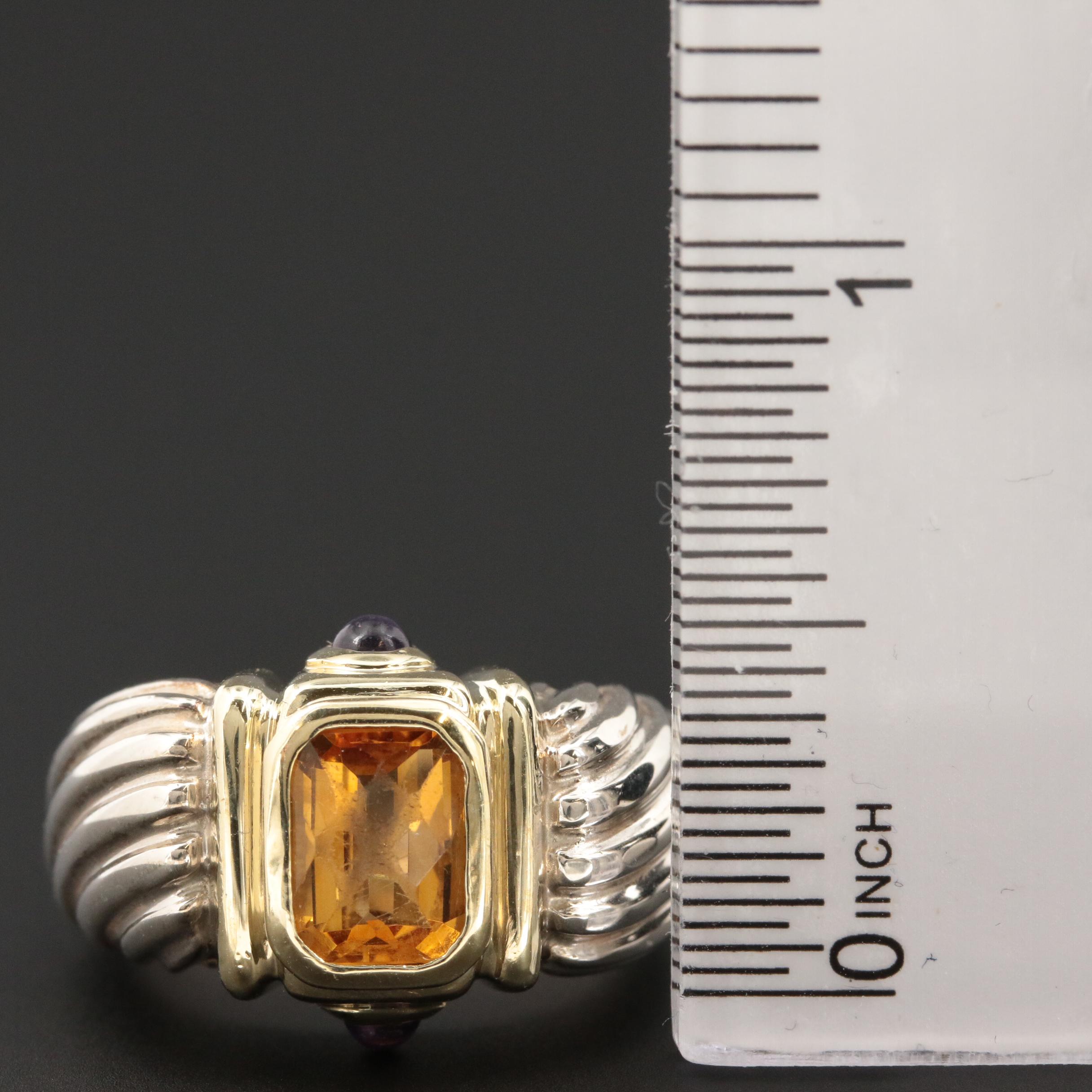 David Yurman Sterling and 14K Gold Citrine and Amethyst Renaissance Ring