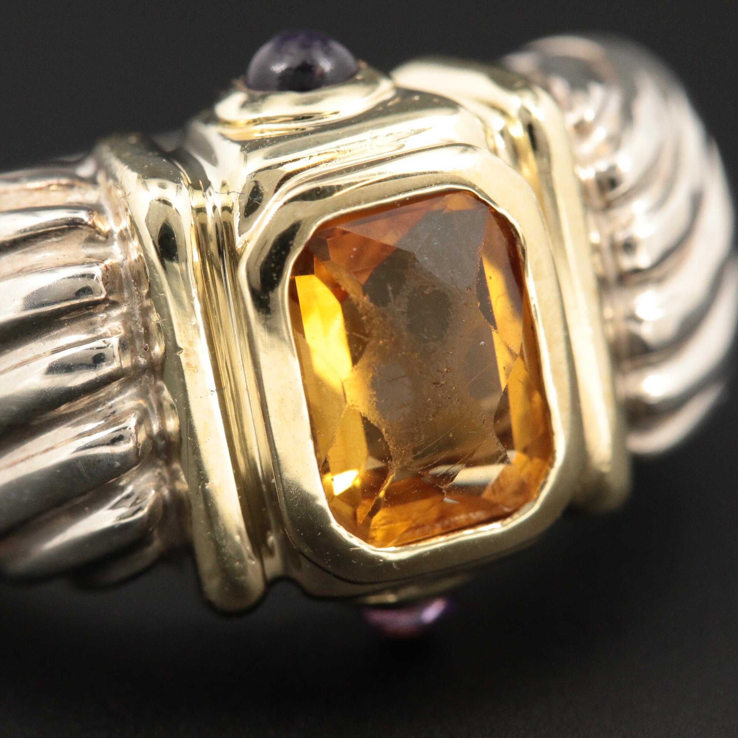 David Yurman Sterling and 14K Gold Citrine and Amethyst Renaissance Ring