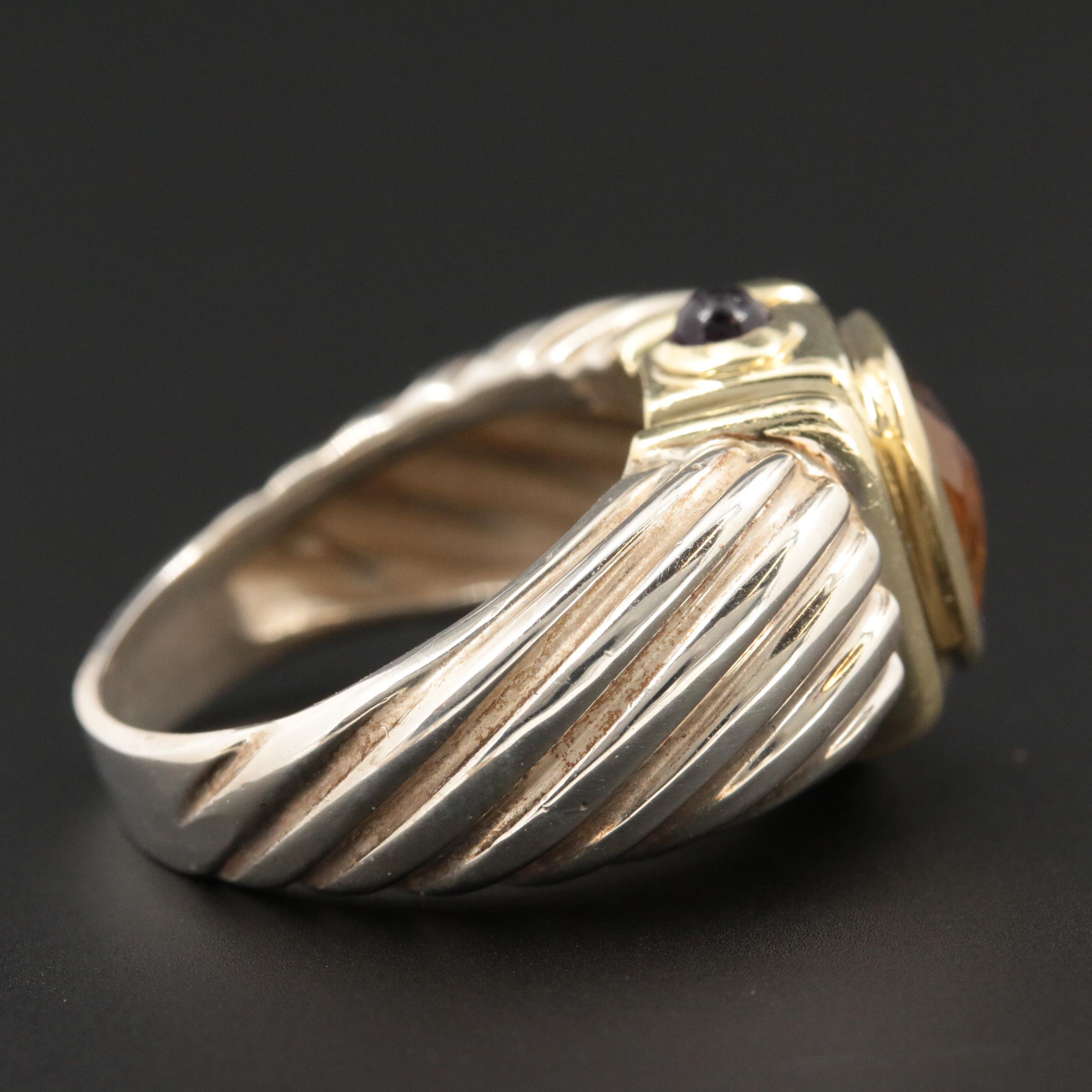 David Yurman Sterling and 14K Gold Citrine and Amethyst Renaissance Ring