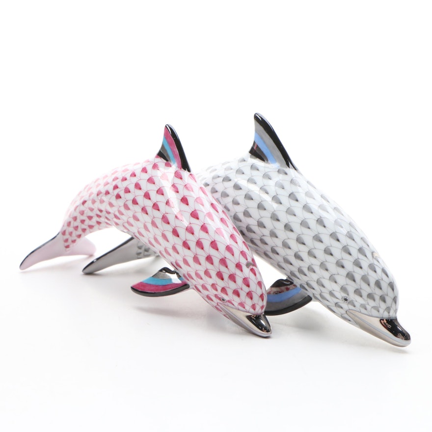 Herend Raspberry and Gray Fishnet with Platinum "Pair of Dolphins" Figurine