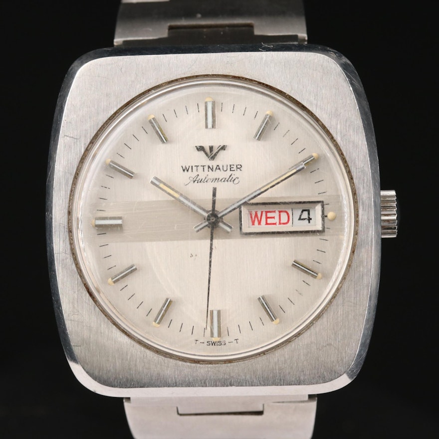Vintage Wittnauer Day-Date Stainless Steel Automatic Wristwatch