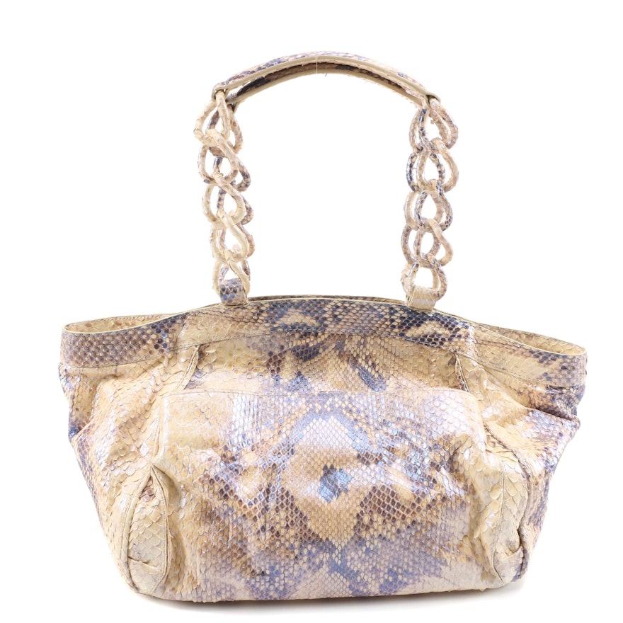 Nancy Gonzalez Cream and Iridescent Blue Python Skin Handbag