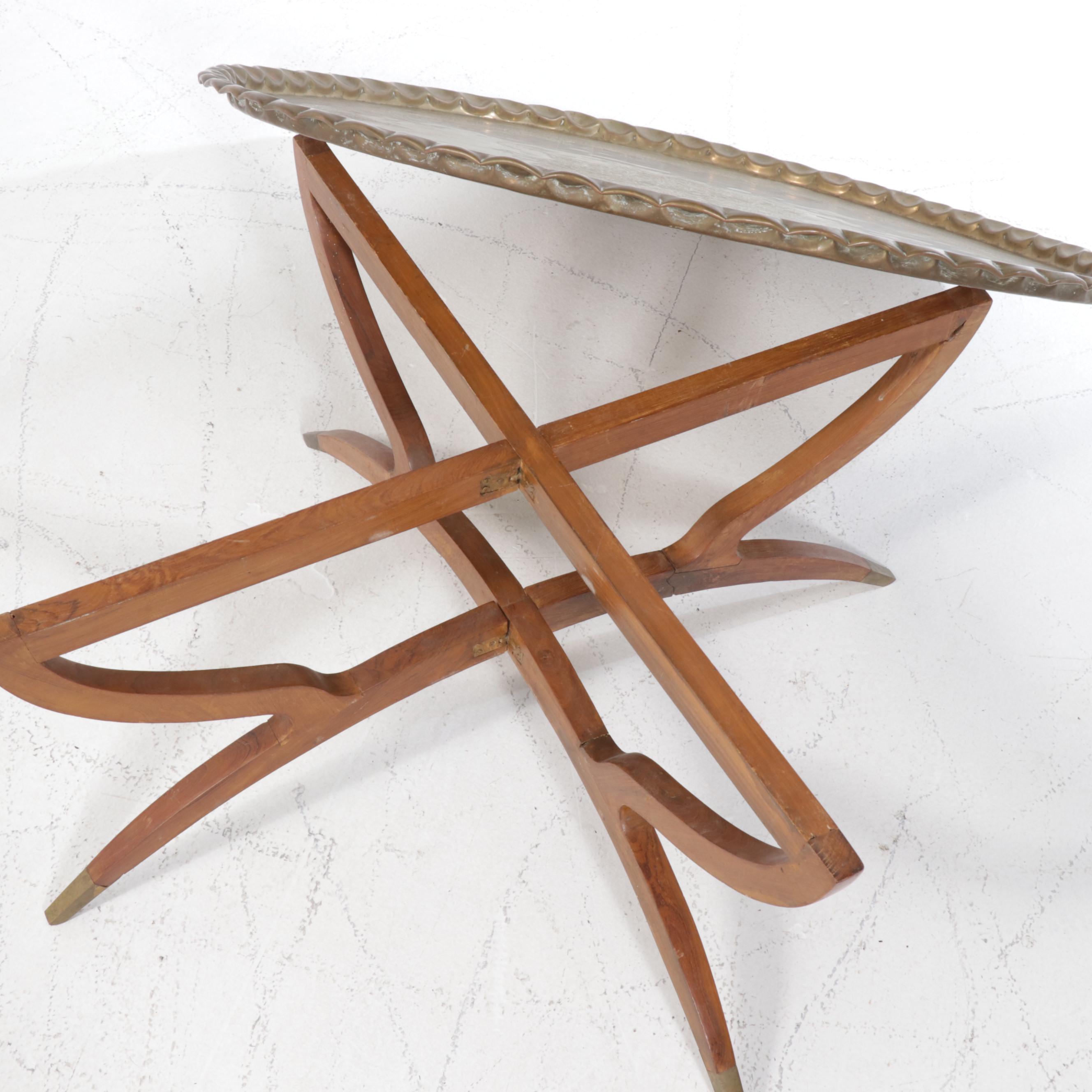 1960s Moroccan Style Brass Tray Coffee Table with Folding Wood Base