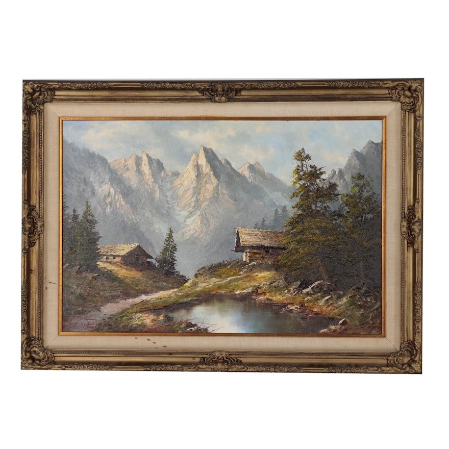 Oil Painting of Mountain Scene with Chalet