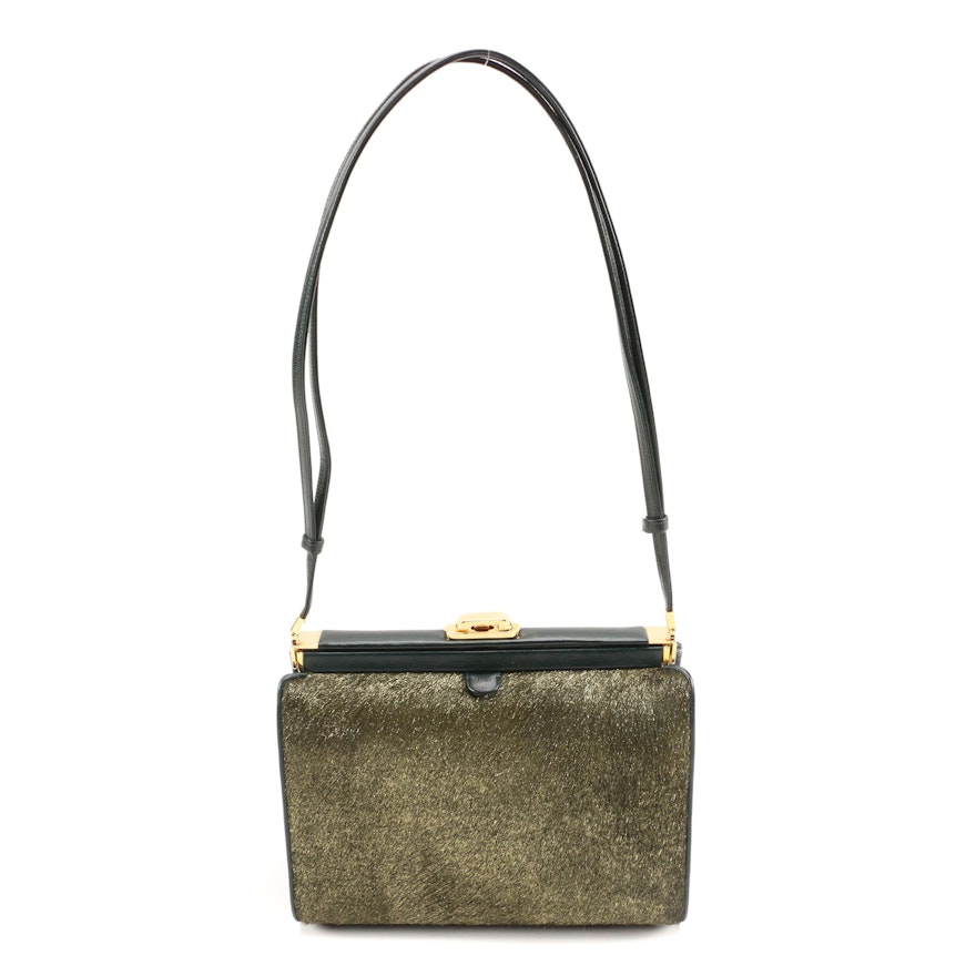 Judith Leiber Metallic Gold Calf Hair and Dark Green Leather Shoulder Bag