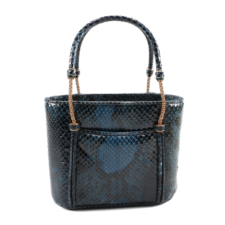 Judith Leiber Blue Python Skin Top Handle Bag with Chain and Python Handles