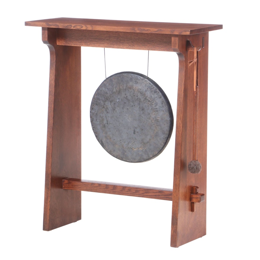 Stickley, Arts and Crafts Style Oak and Hand-Hammered Bronze Dinner Gong