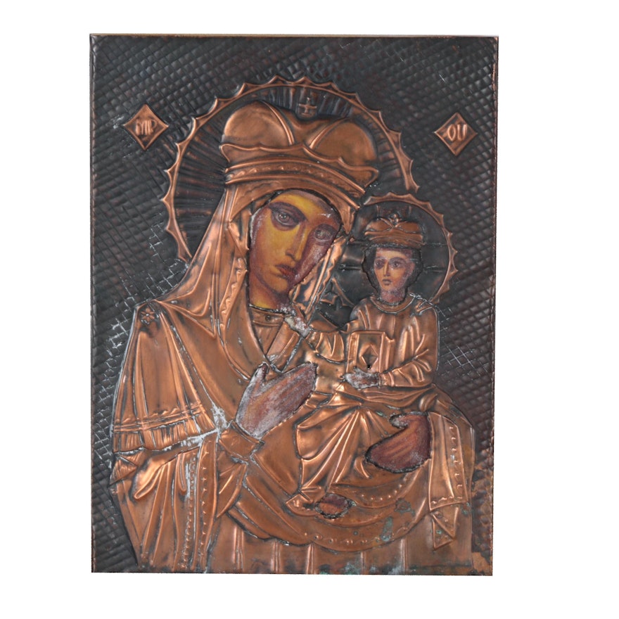 Eastern Orthodox Icon Oil Painting of Madonna and Child with Copper Riza