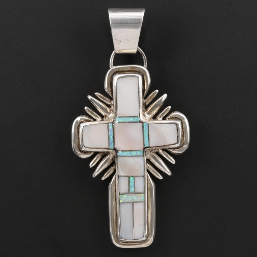 Southwestern Style Sterling Mother of Pearl and Opal Cross Pendant