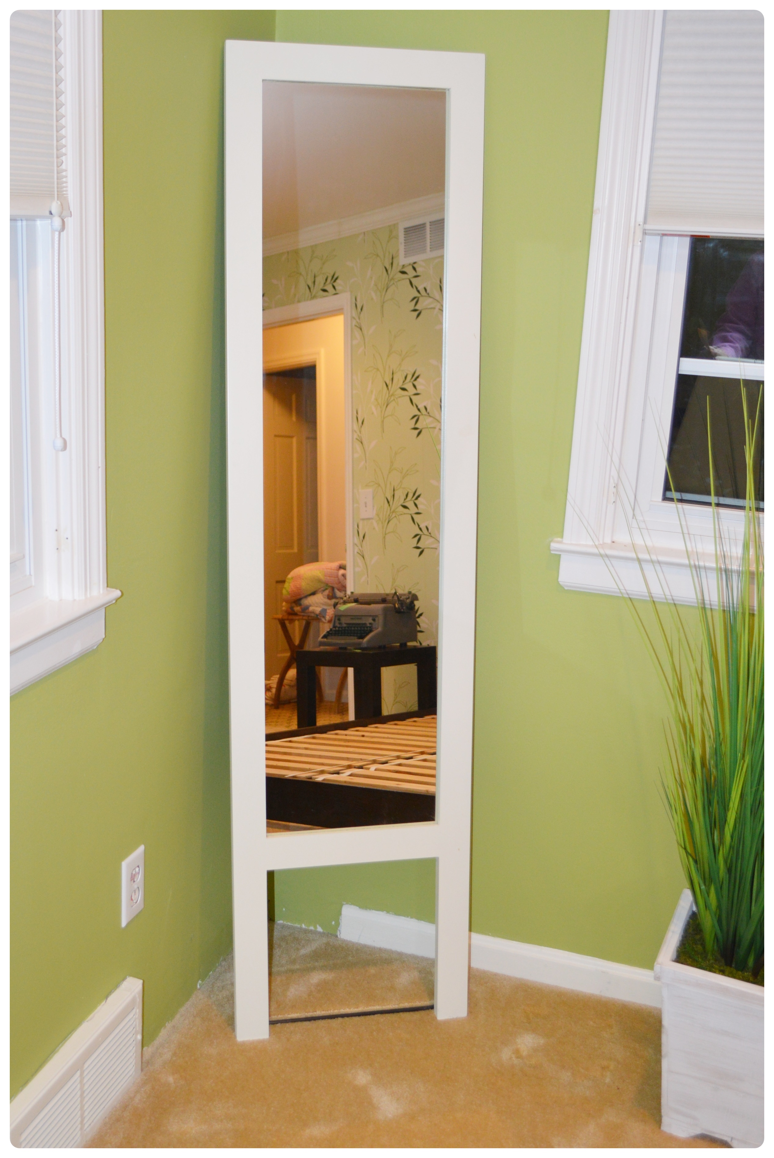 Contemporary West Elm Vinyl Armchair with Floor Mirror and Faux Plant Decor