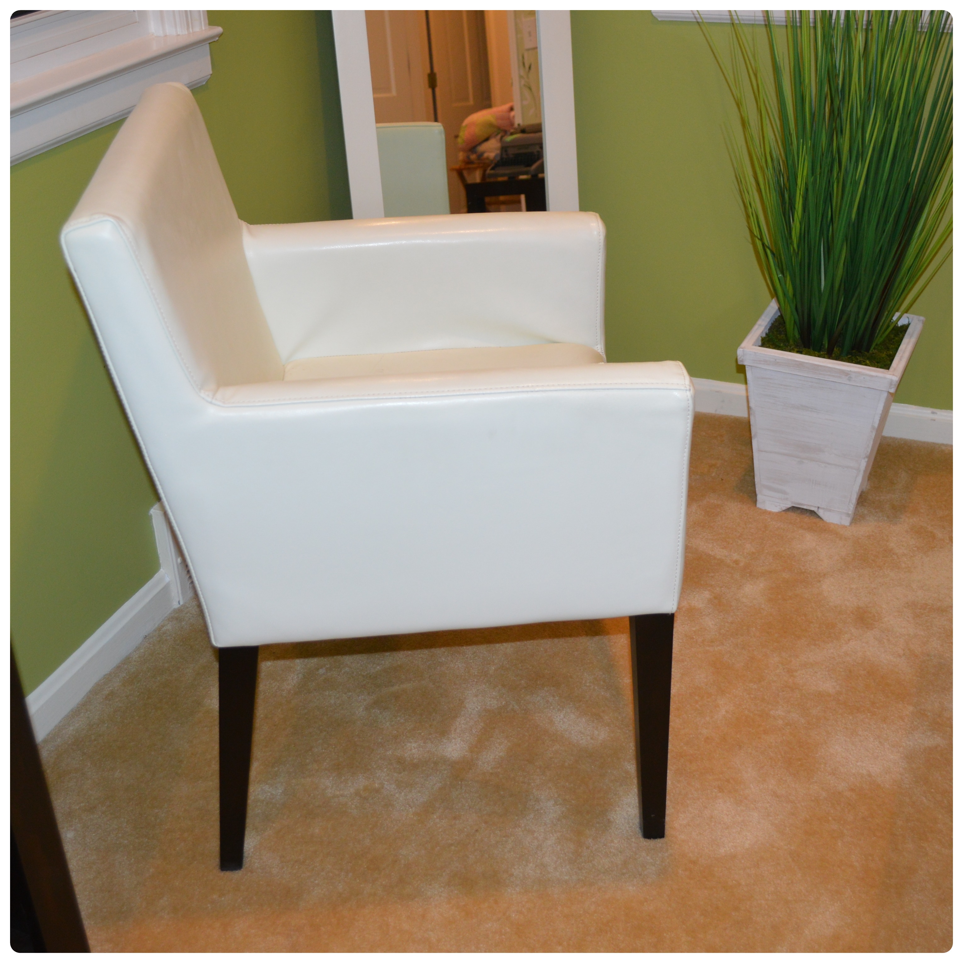 Contemporary West Elm Vinyl Armchair with Floor Mirror and Faux Plant Decor