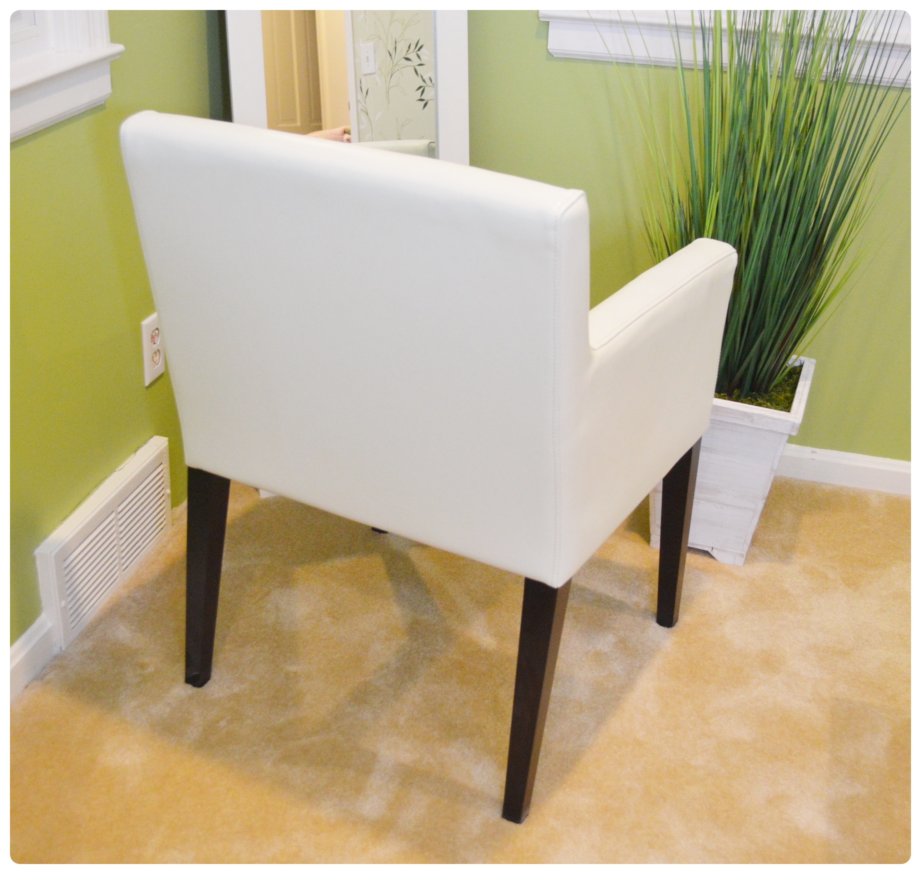 Contemporary West Elm Vinyl Armchair with Floor Mirror and Faux Plant Decor