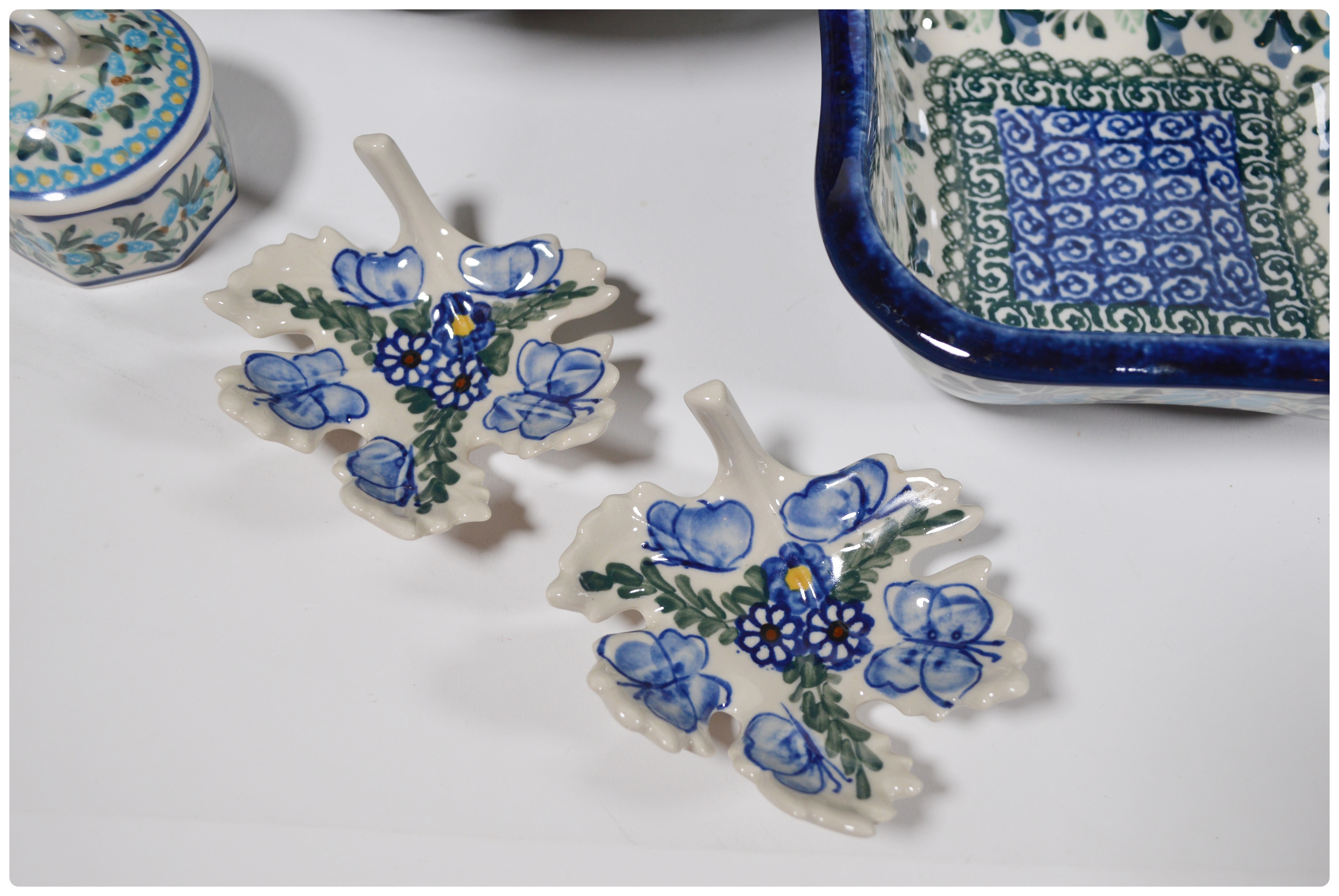 Boleslawiec Polish Pottery Blue and Green Floral Square Baker, Bowls and More