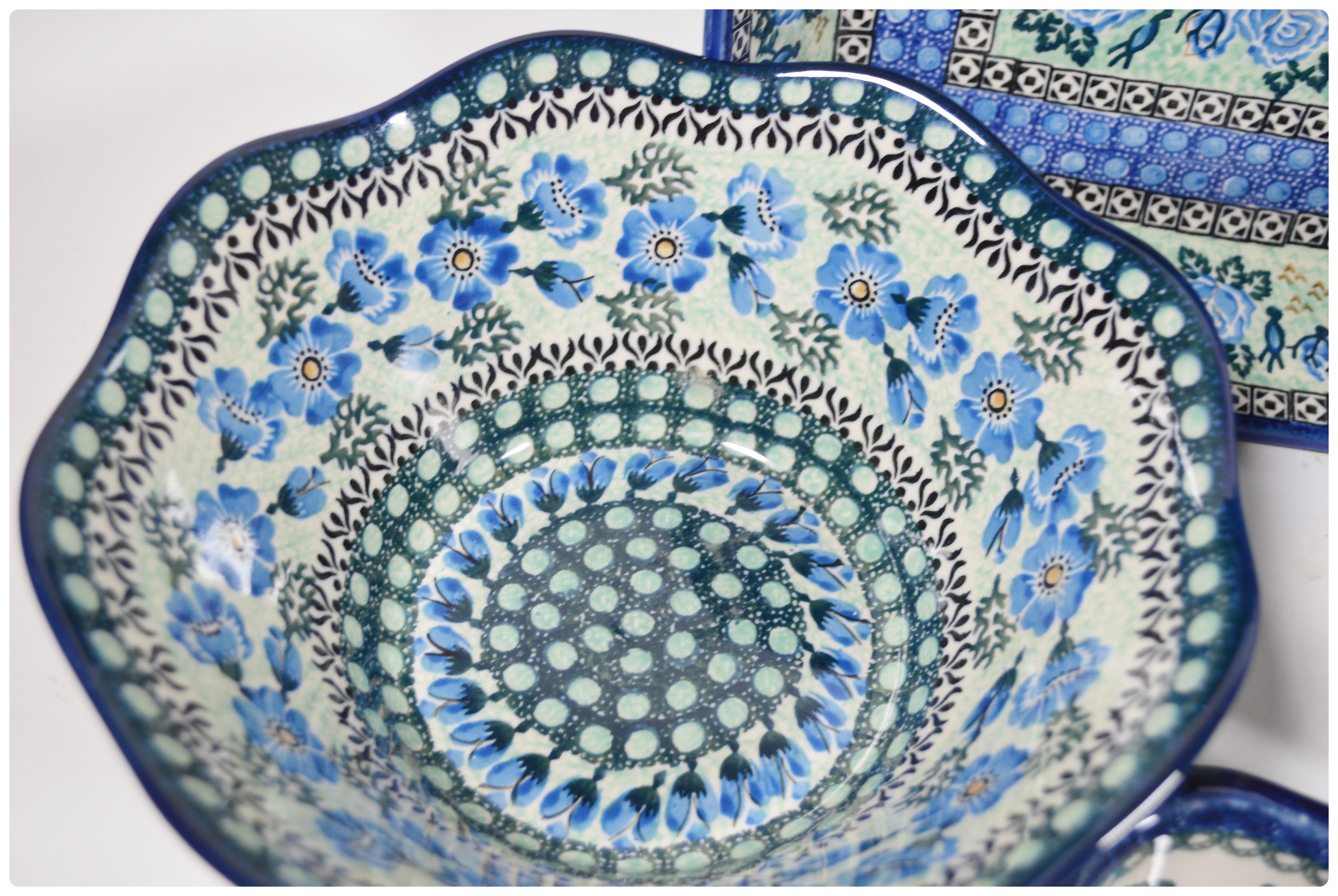 Boleslawiec Polish Pottery Blue and Green Floral Square Baker, Bowls and More