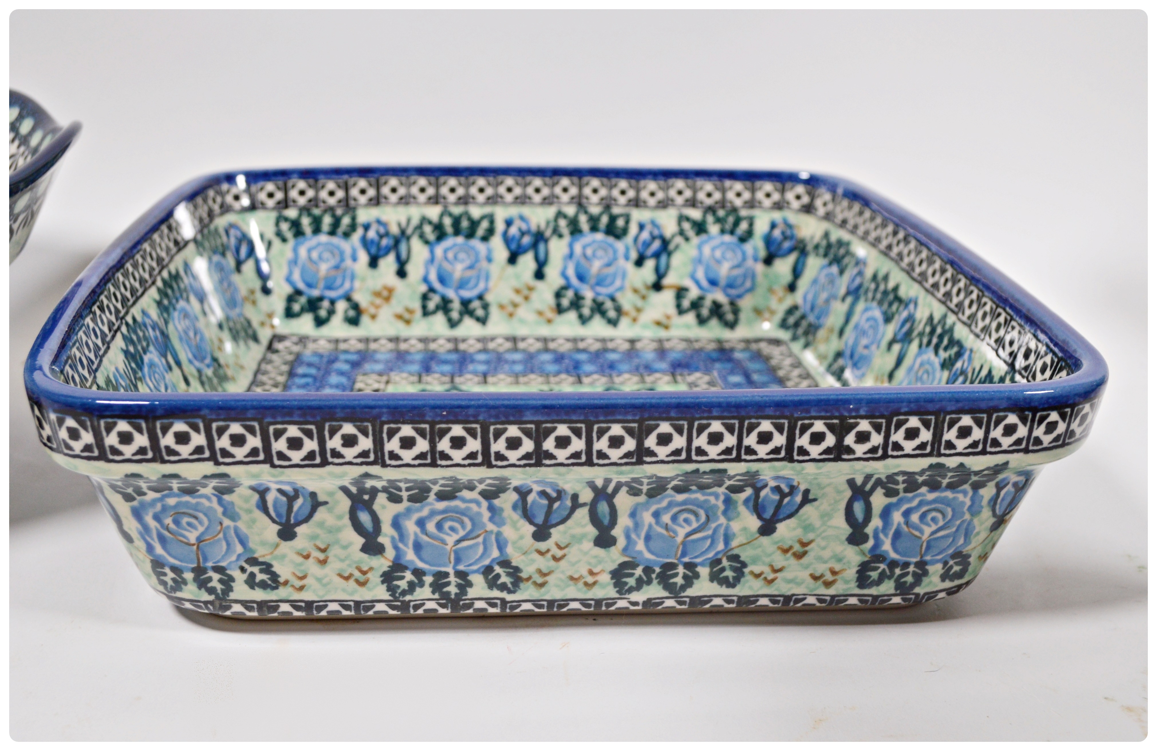 Boleslawiec Polish Pottery Blue and Green Floral Square Baker, Bowls and More