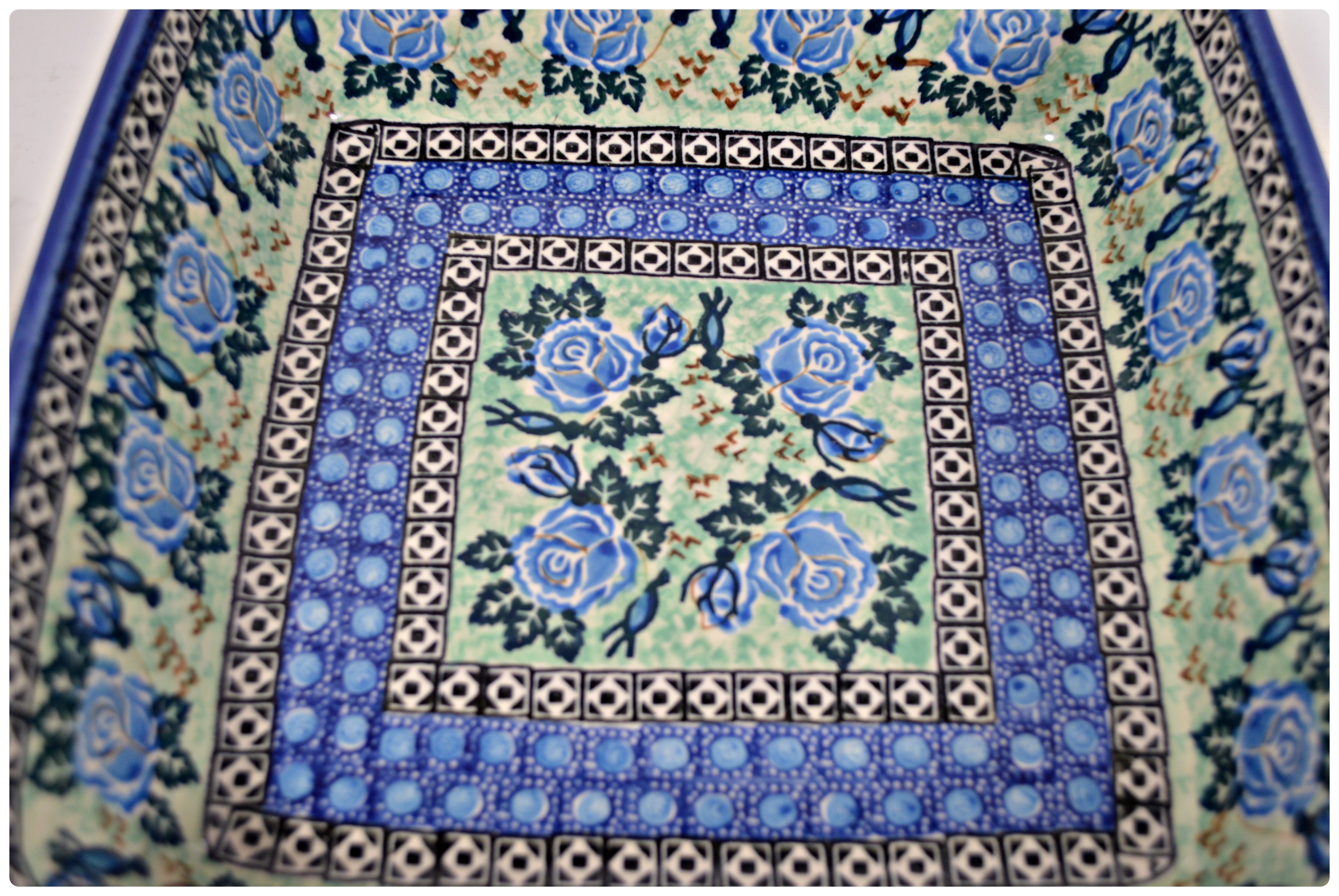 Boleslawiec Polish Pottery Blue and Green Floral Square Baker, Bowls and More