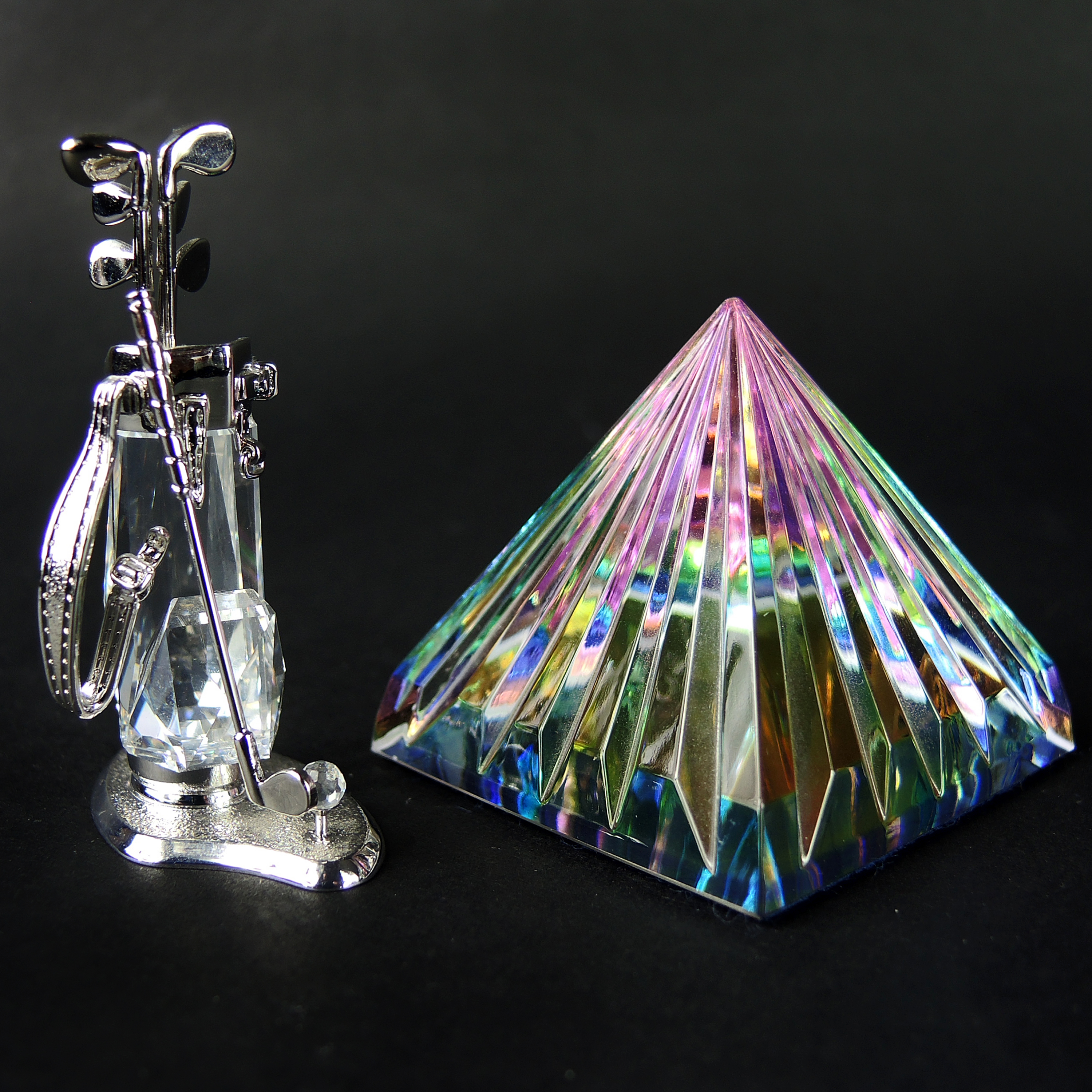 Swarovski Crystal Golf Bag Figurine and Glass Pyramid Paperweight