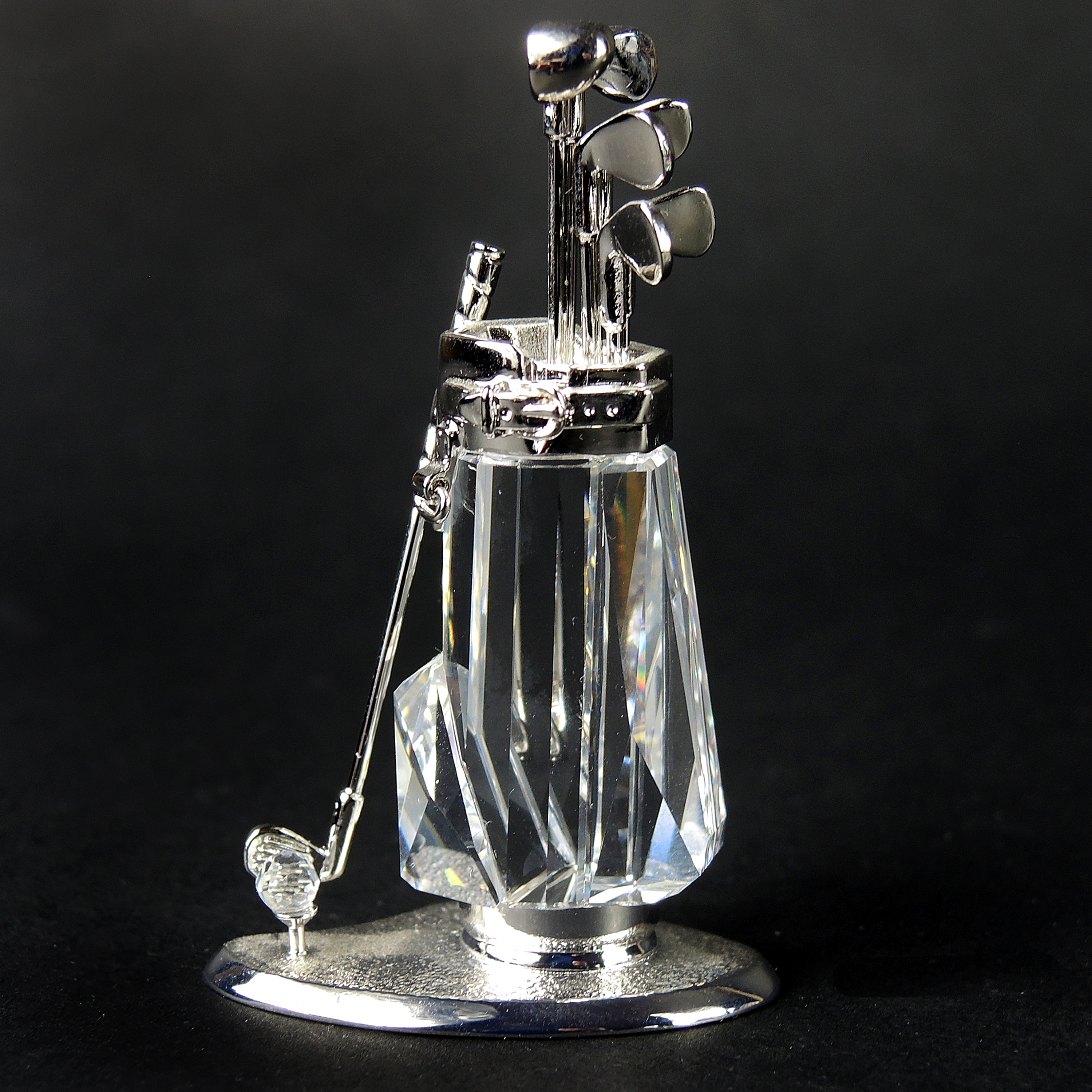 Swarovski Crystal Golf Bag Figurine and Glass Pyramid Paperweight