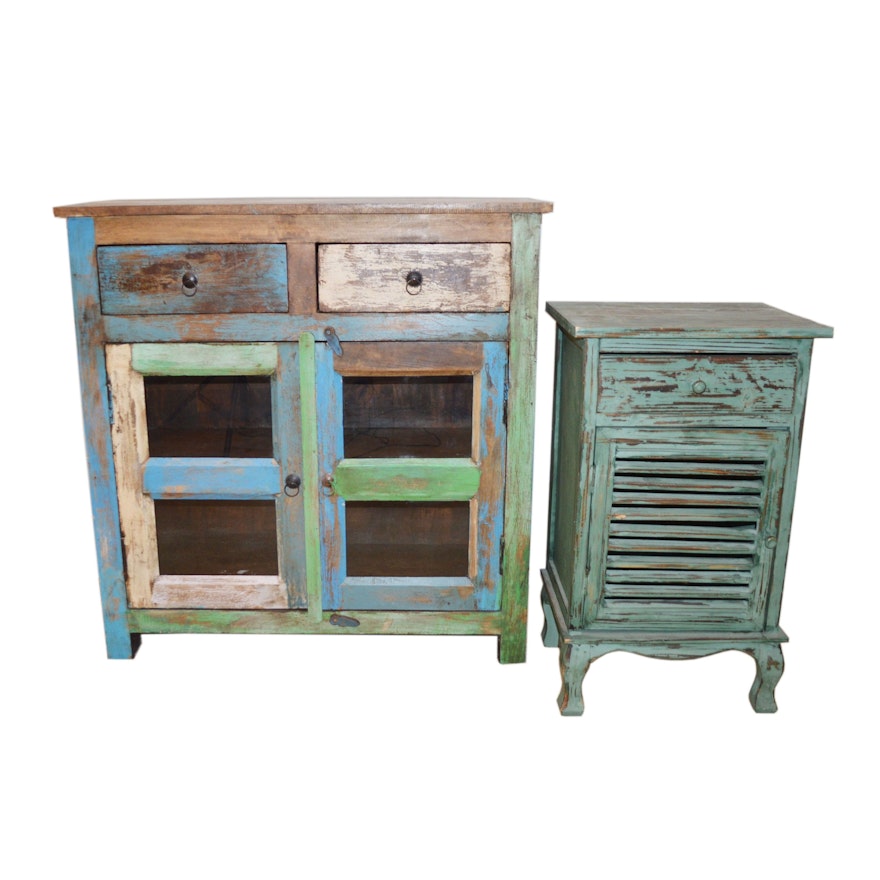 Multi-Tone Distressed Rustic Cabinet and Louvered Door End Table, Contemporary