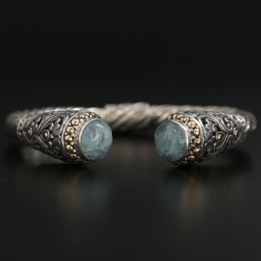 Sterling Silver Aquamarine Bali Style Hinged Bracelet with 18K Accents