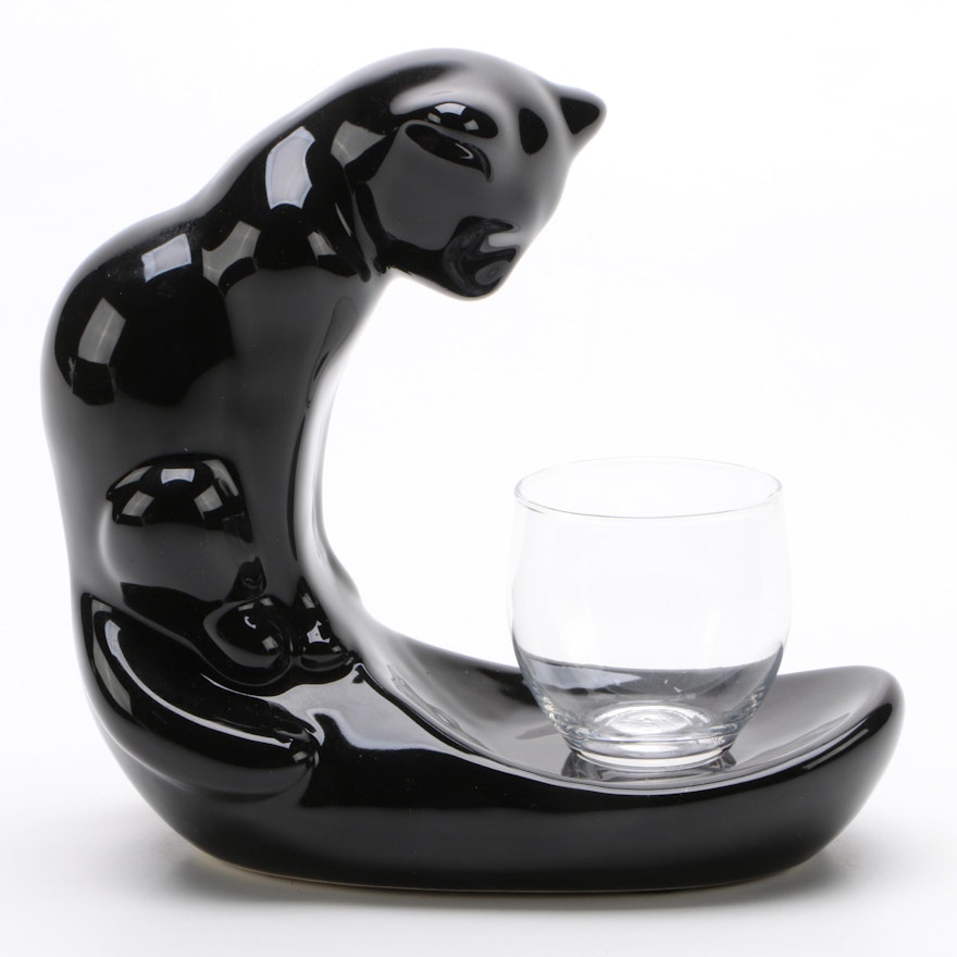 Royal Haeger Black Cat With Small Fishbowl Art Pottery, 1996