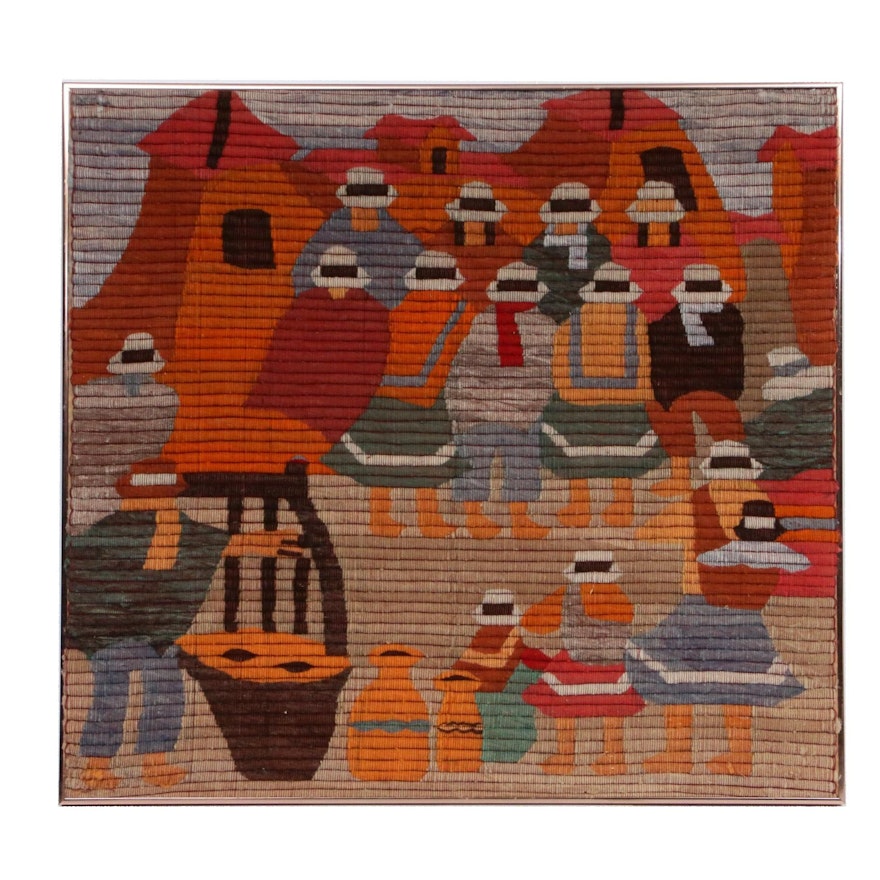 Hand-Stitched Bolivian Wool Felt Textile "Gathering", Mid-20th Century