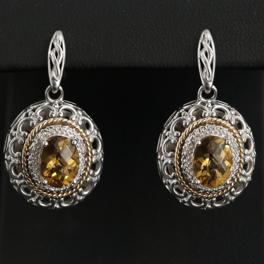 Sterling Silver Citrine and Diamond Earrings with 14K Yellow Gold