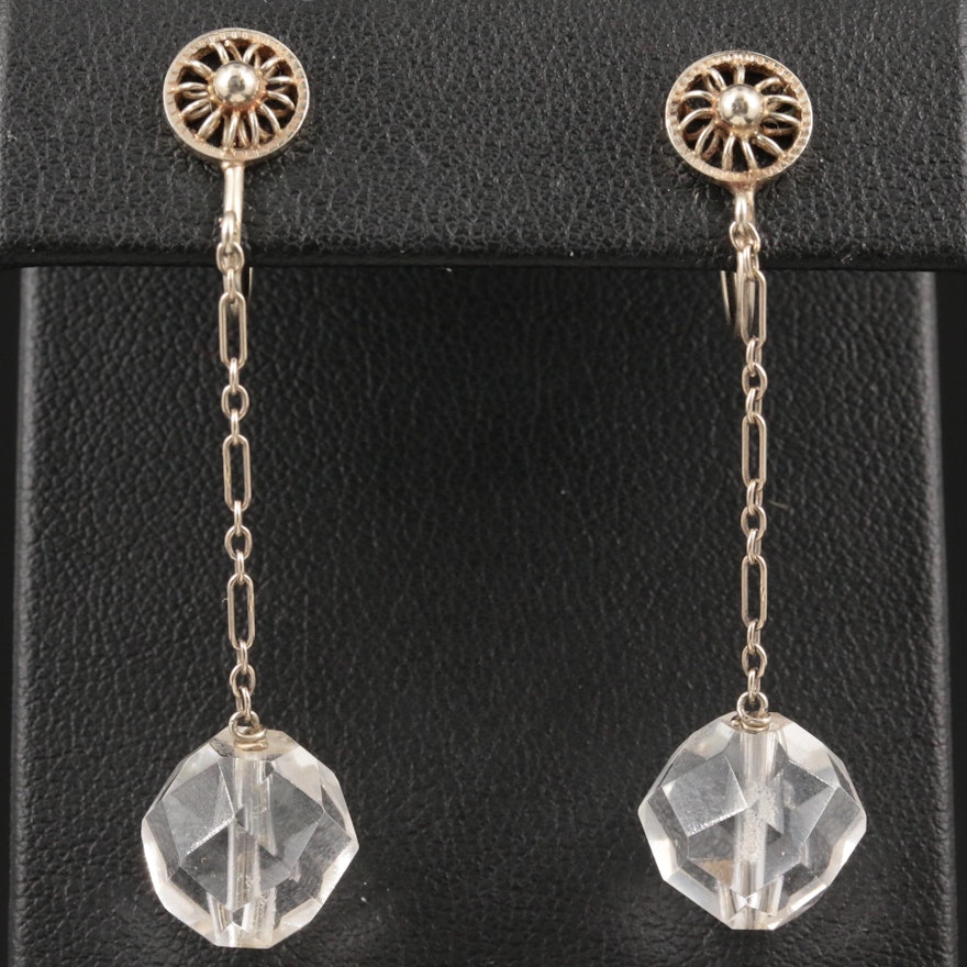 Vintage 14K White Gold Rock Quartz Crystal Dangle Earrings