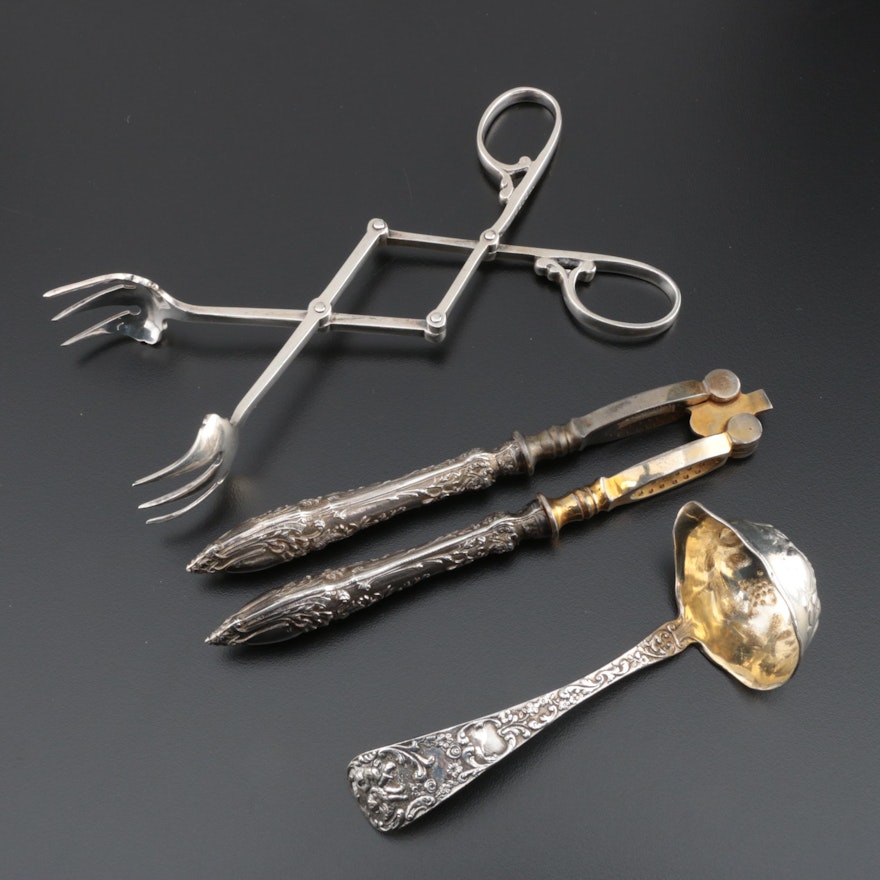 Sterling Silver Ladle and Tongs with Silver Plate Nutcracker, Early/Mid 20th C.