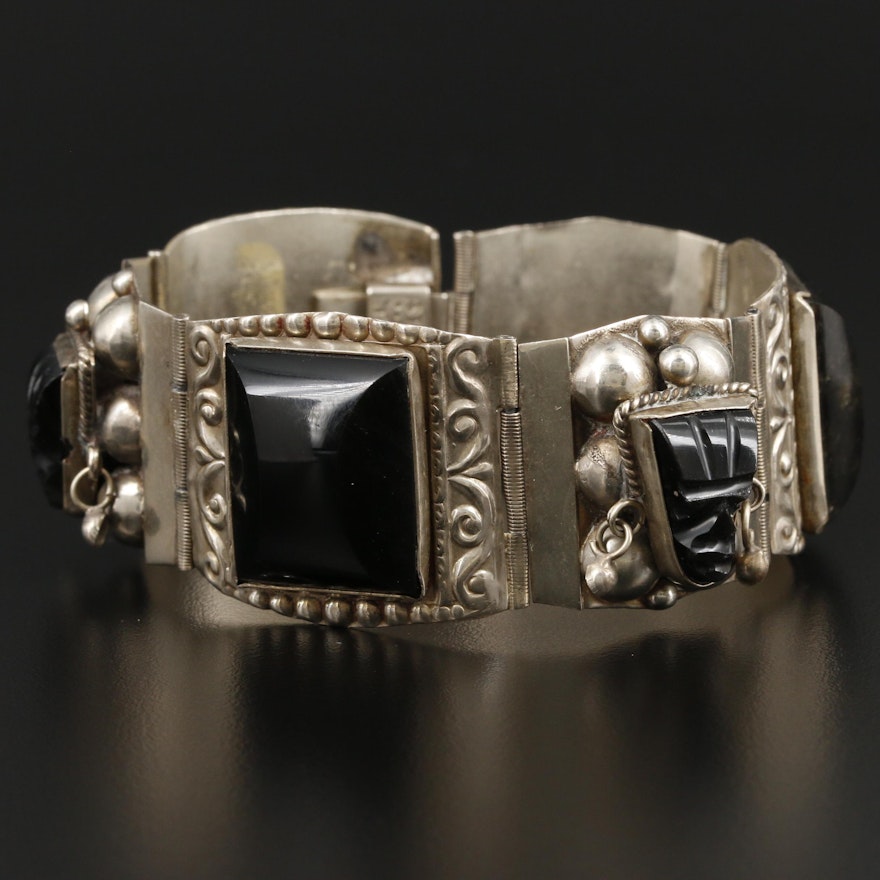 Taxco Mexico Sterling Silver Carved Obsidian Bracelet