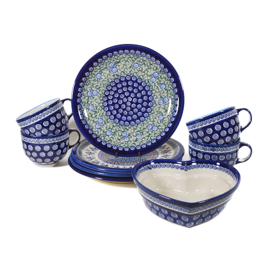 Boleslawiec Polish Pottery Heart-Shaped Baker, Floral Plates and Swirl Mugs