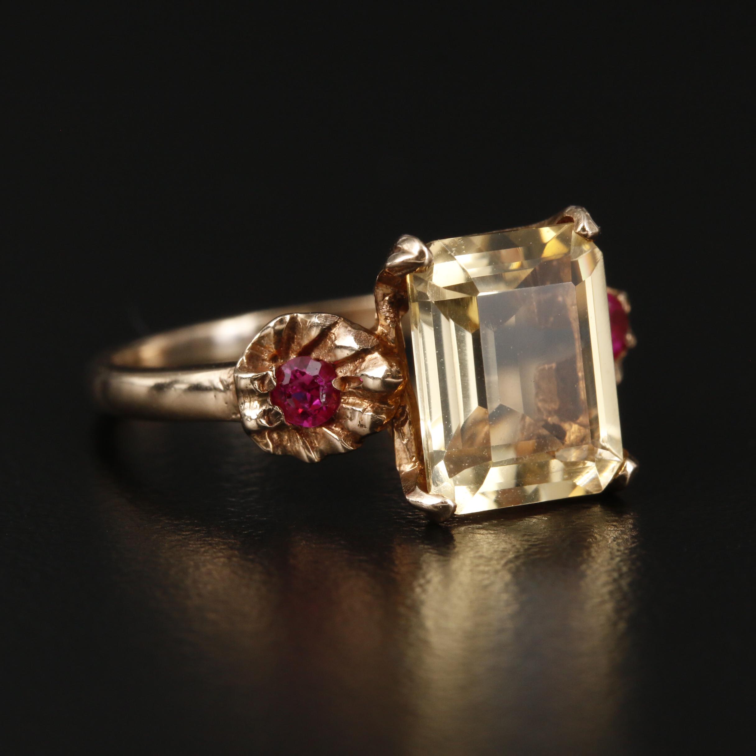 Vintage 10K Yellow Gold Citrine and Ruby Ring