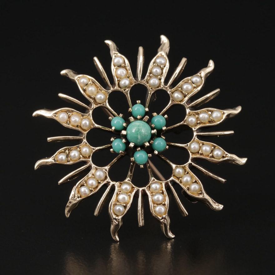 14K Yellow Gold Turquoise and Seed Pearl Sunburst Converter Brooch