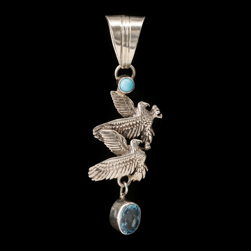 Running Bear Shop Southwestern Style Sterling Silver Topaz and Turquoise Pendant