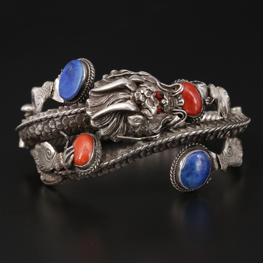 Sterling Silver Coral and Lapis Lazuli Dragon Motif Bangle Bracelet