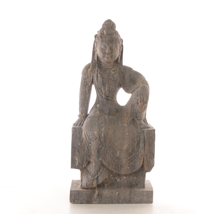 East Asian Seated Guanyin Stone Sculpture