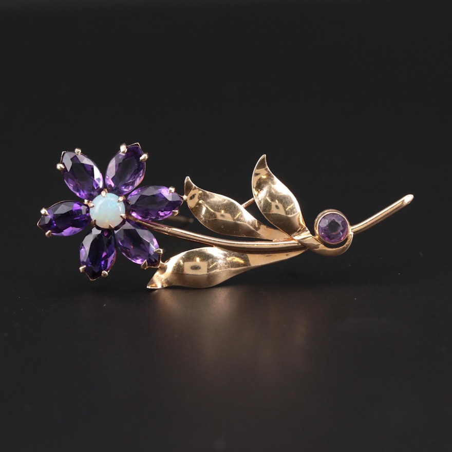 Vintage 14K Yellow Gold Opal and Amethyst Floral Brooch