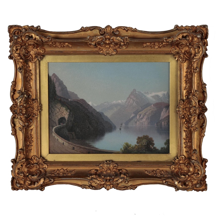 Continental Oil Painting of Alpine Lake Scene, Early 20th Century