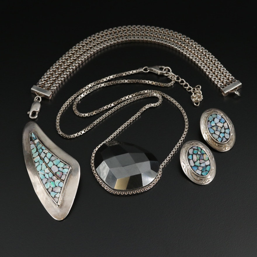 Sterling Silver, Opal and Hematite Jewelry Featuring Scandia Earrings and Brooch